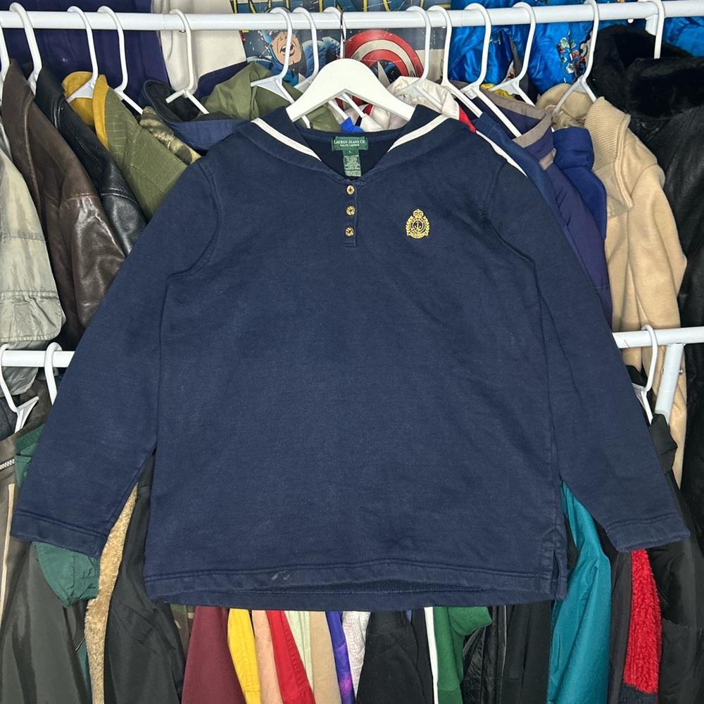 Vintage 90s Ralph Lauren Navy Sailor 1/4 Button Sweatshirt Large Rare